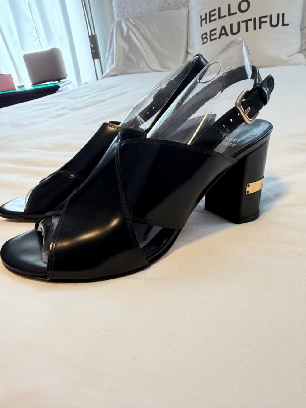 Black Leather Cross-Strap Slingback Heels